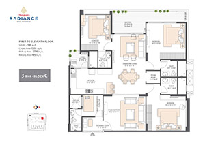 3 BHK flat floor plan